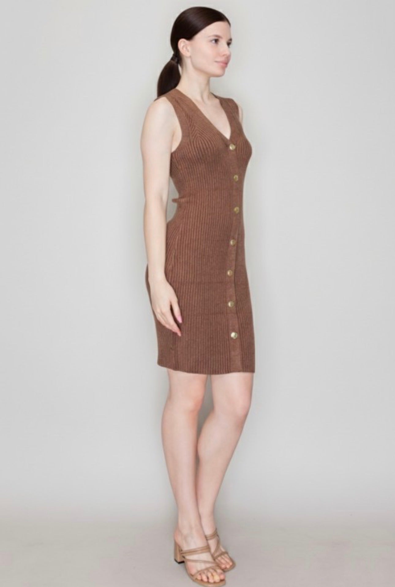 Ribbed Midi Sleeveless V Sweater Dress with Gold Buttons