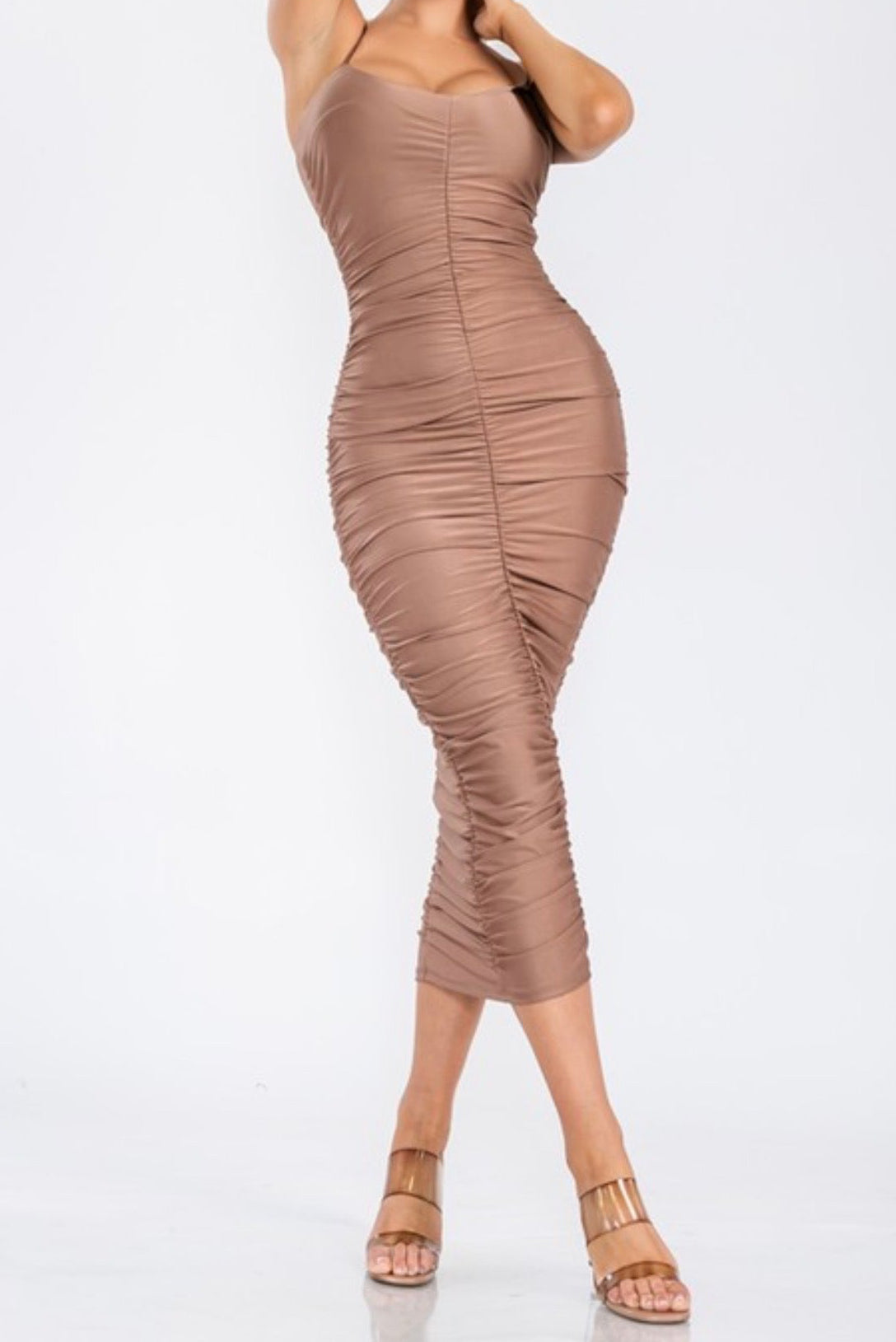Scrunch Ruffle Stretch Midi Dress