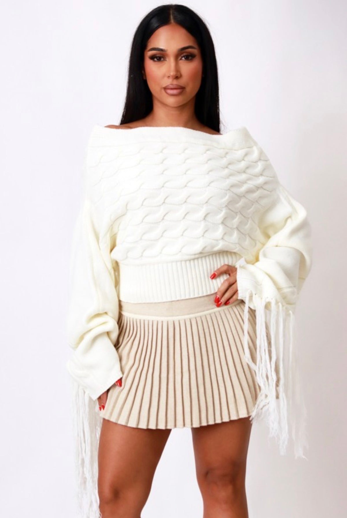 Knit Off-the-Shoulder Tassel Sleeve Sweater
