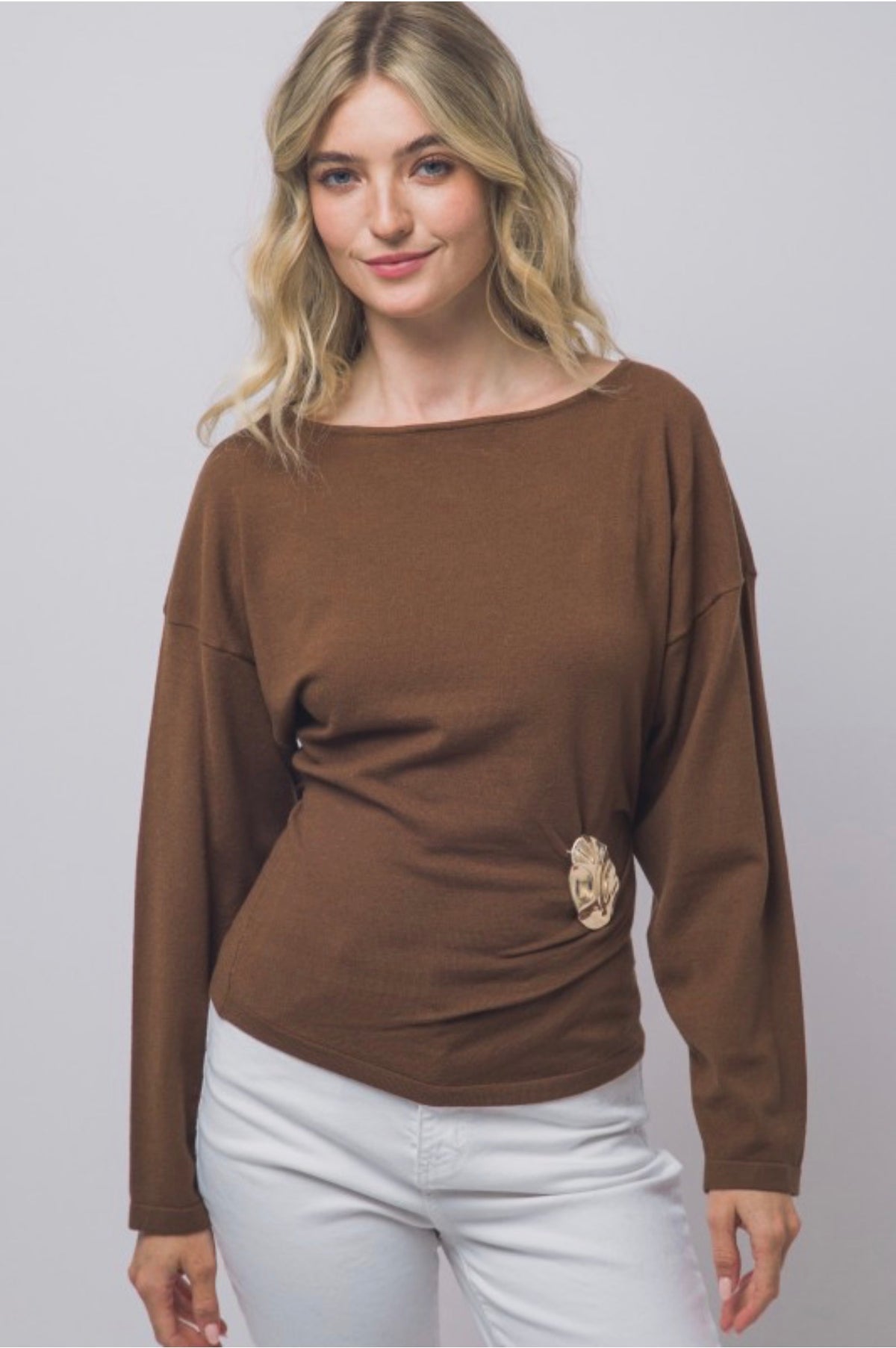 Boat Neck Long Sleeve Ruched with Gold Accent