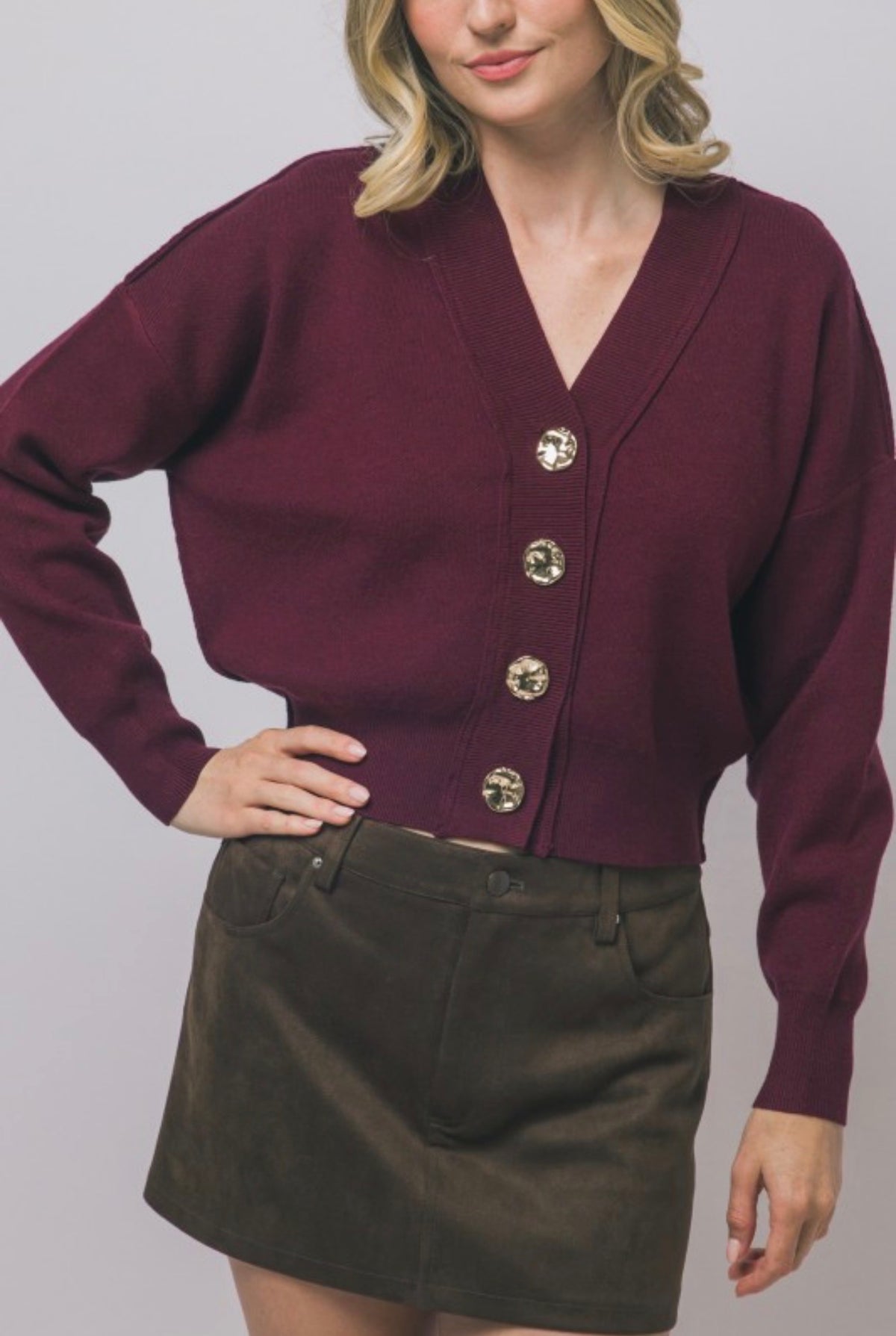 V Neck Cardigan with Gold Abstract Buttons