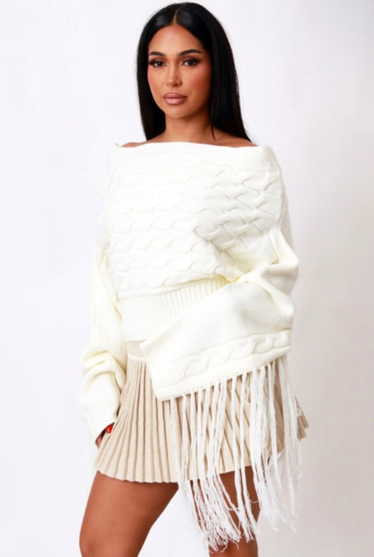 Knit Off-the-Shoulder Tassel Sleeve Sweater