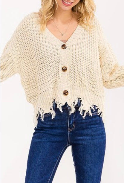 Button Cardigan with Distressed Hem