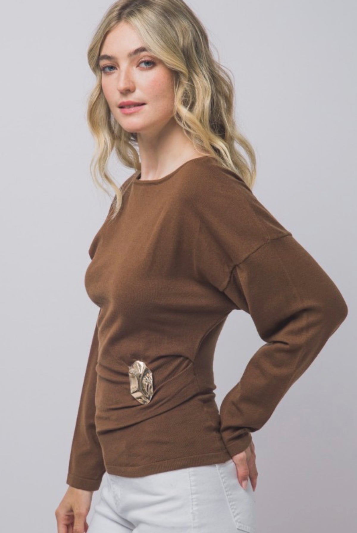 Boat Neck Long Sleeve Ruched with Gold Accent