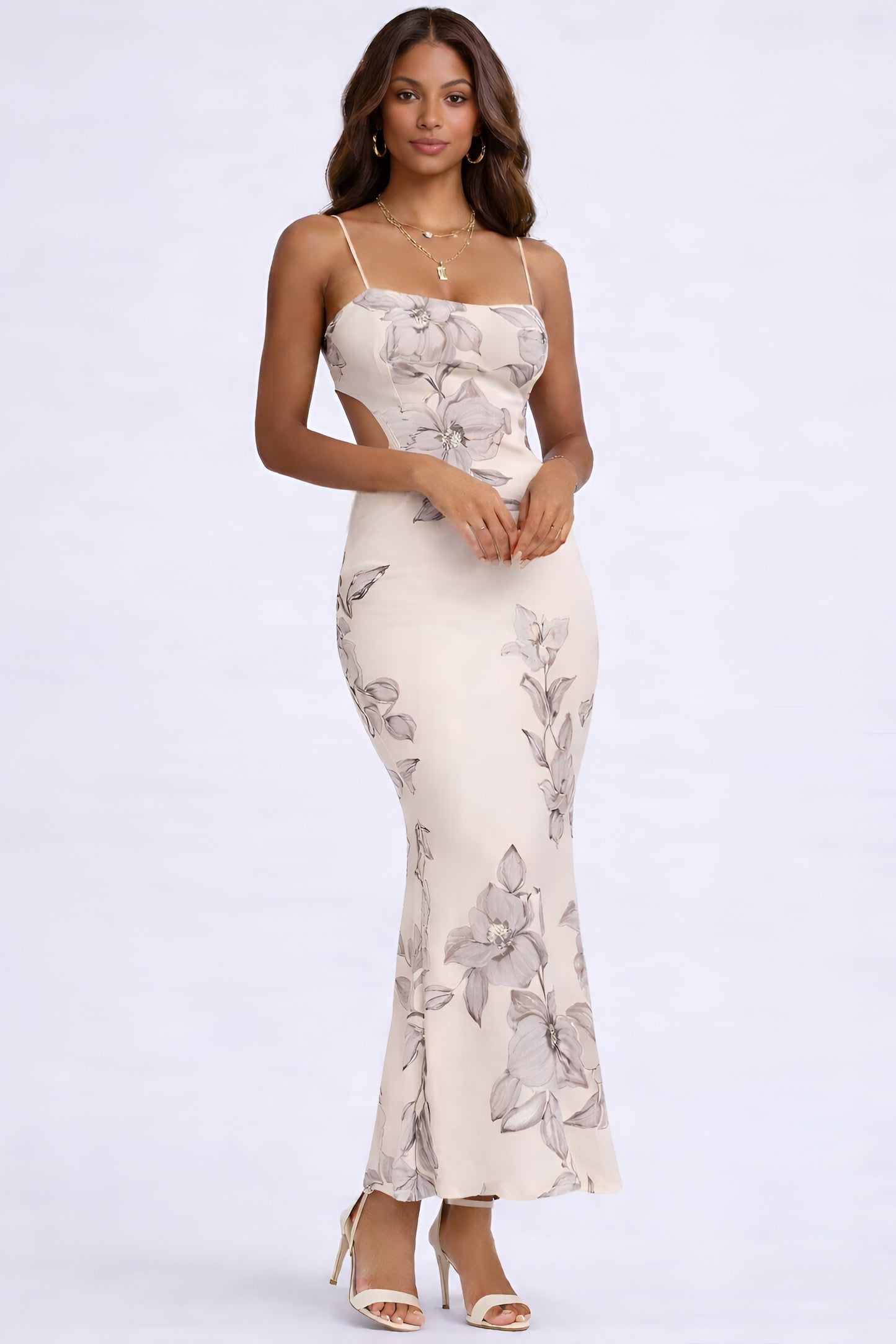 Cream Floral Scoop Maxi Dress with Silver Clasp back