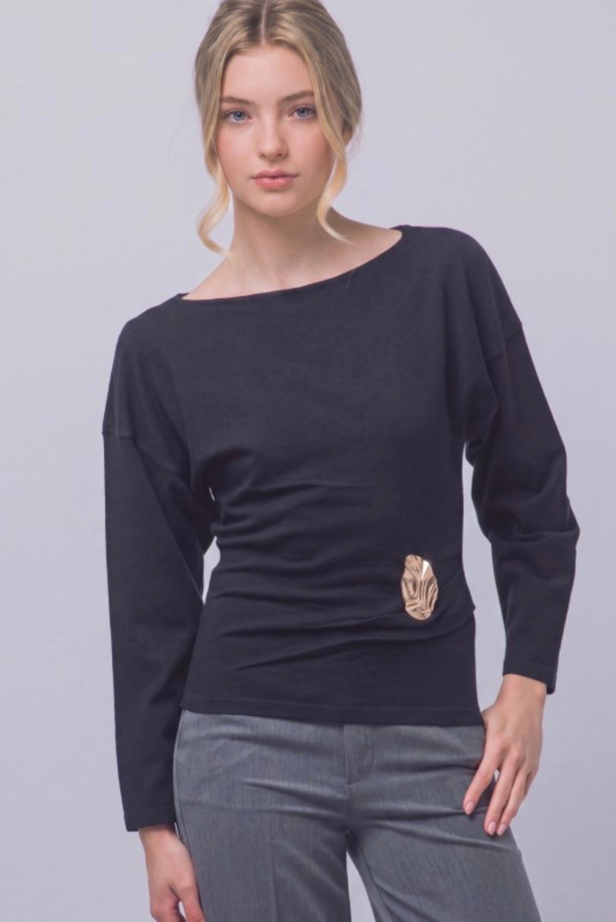 Boat Neck Long Sleeve Ruched with Gold Accent