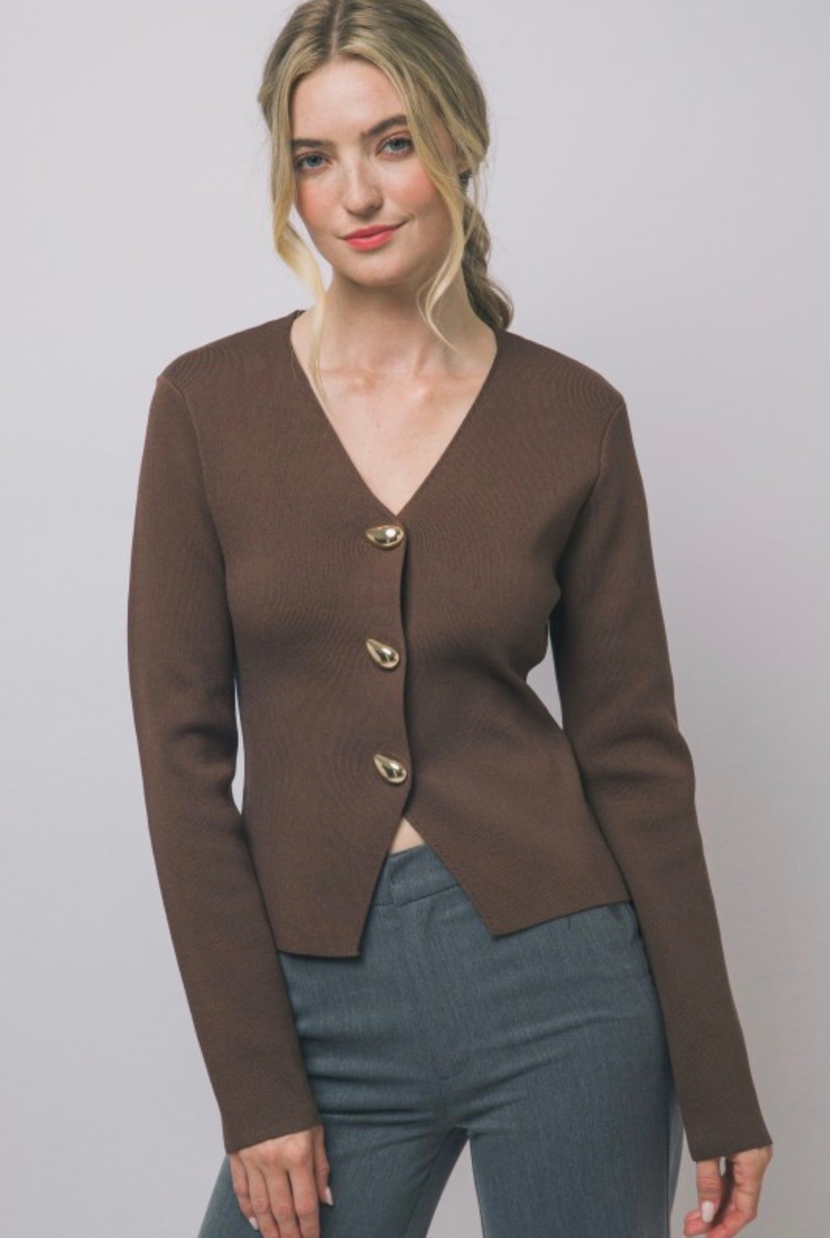 Split Front Ribbed Gold Button Front Cardigan