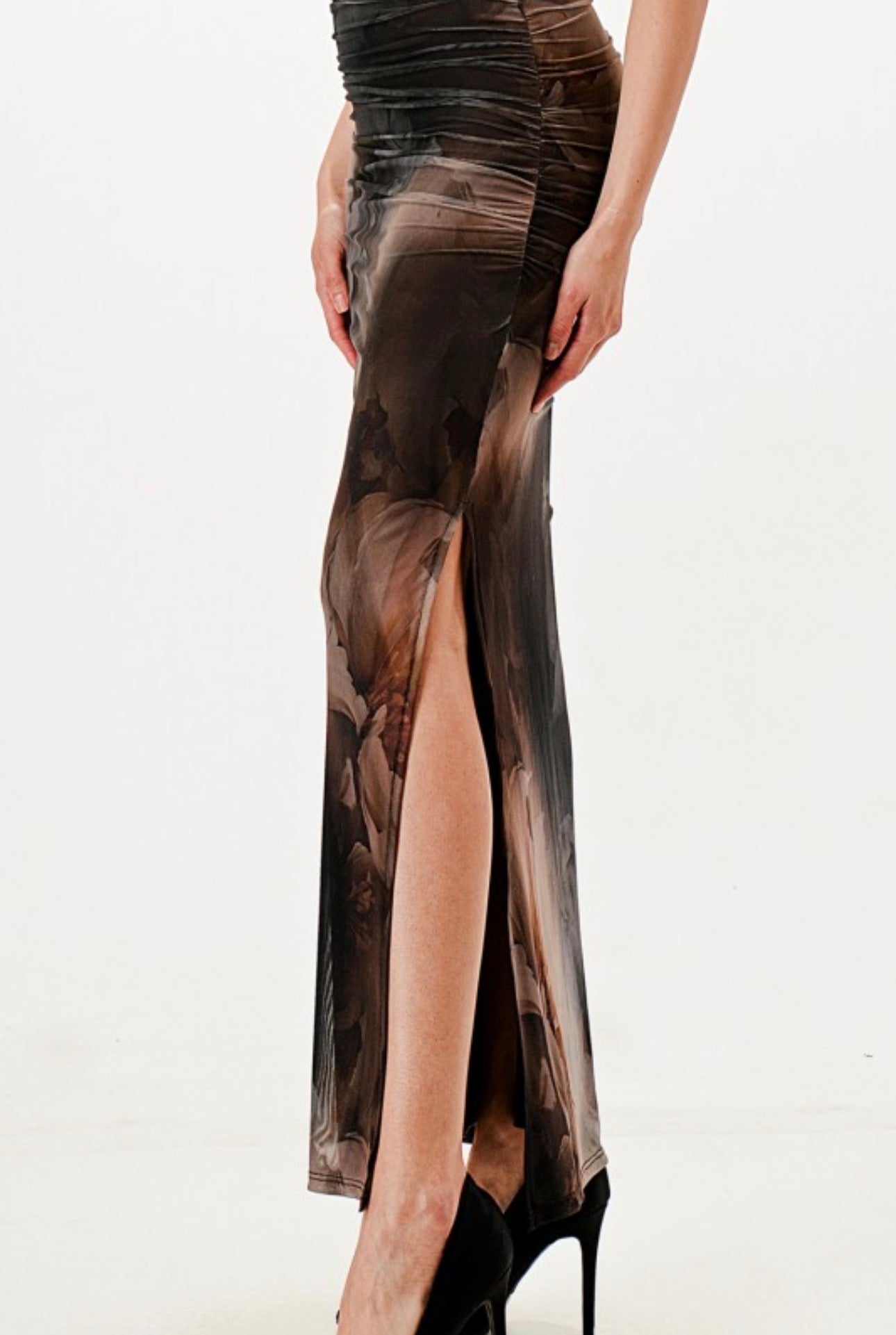 Dark Floral Mesh Scrunch Maxi Dress