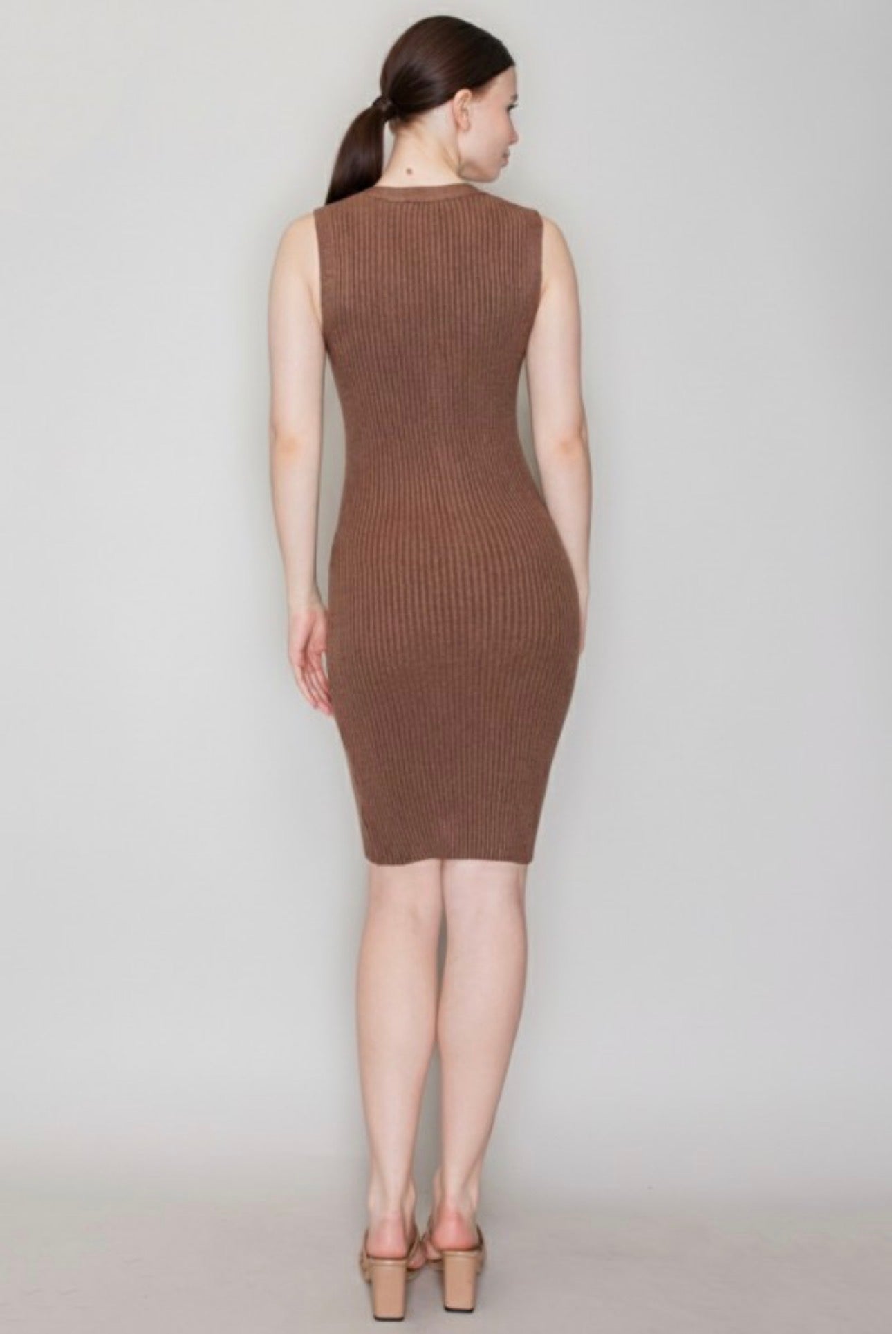 Ribbed Midi Sleeveless V Sweater Dress with Gold Buttons