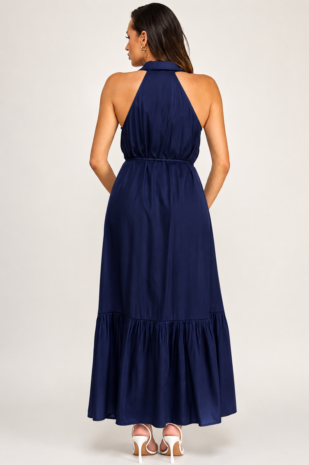 Sleeveless Collared Button Front Maxi Dress with Pleated Hem
