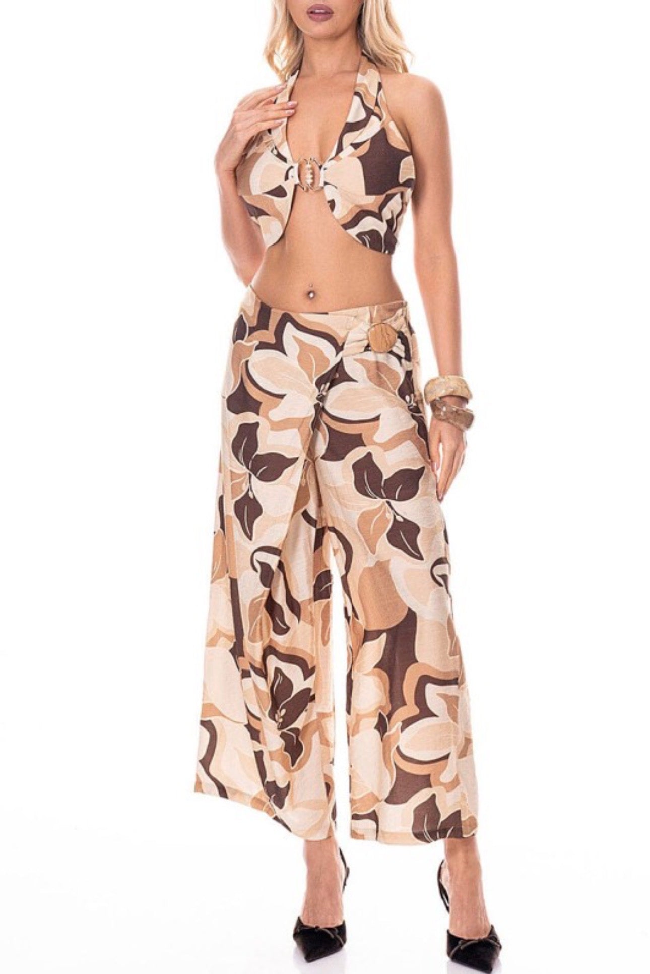 Neutral Floral Set Halter Tie Back and Pants with Gold Accent