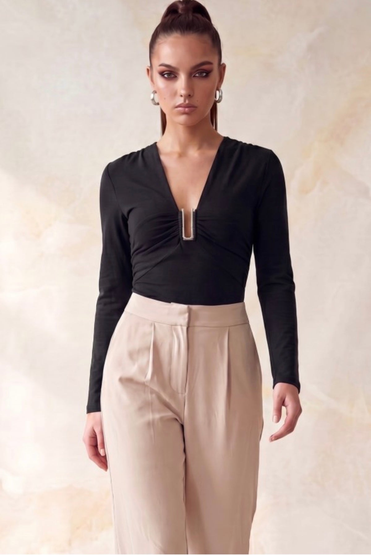 Long Sleeve Ruche Plunge Soft Bodysuit with Gold Accent