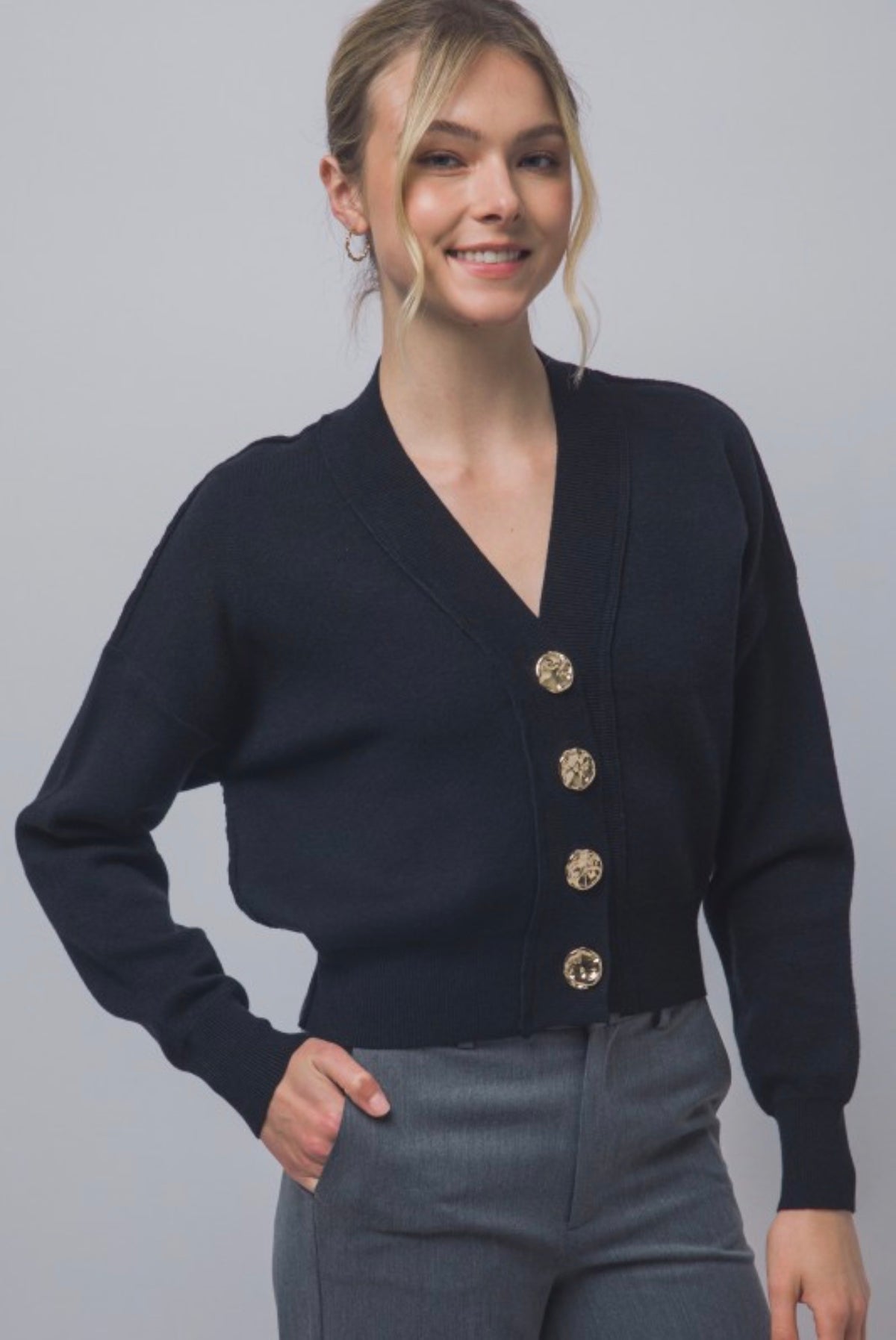V Neck Cardigan with Gold Abstract Buttons