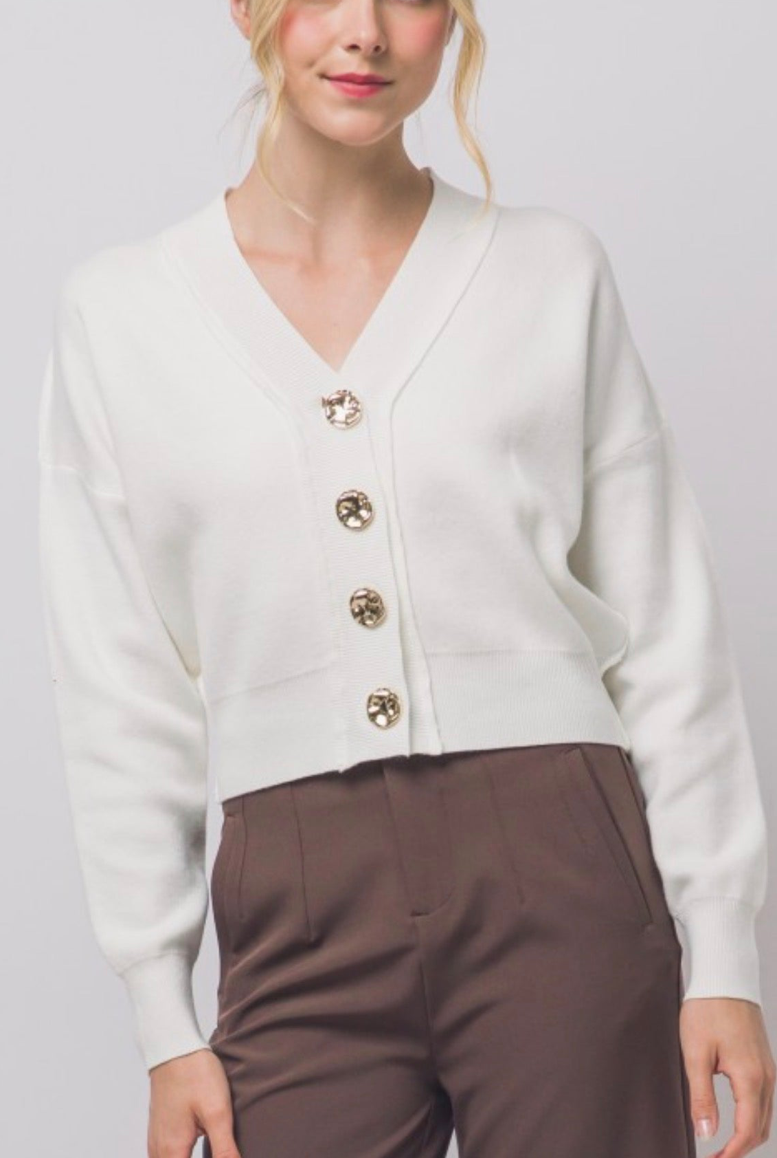 V Neck Cardigan with Gold Abstract Buttons