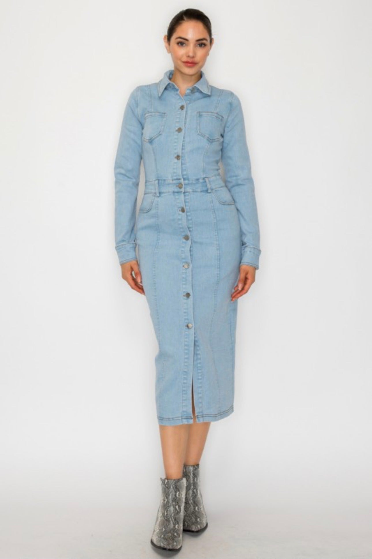 Denim Collared Long Sleeve Dress