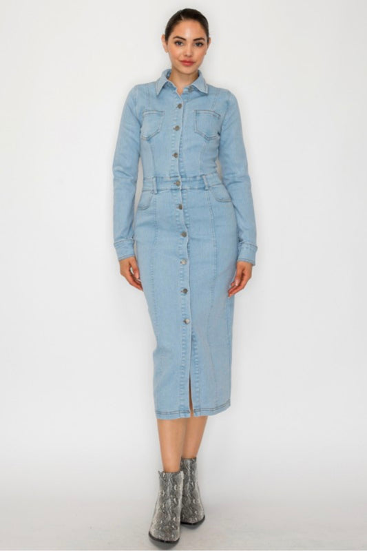Denim Collared Long Sleeve Dress