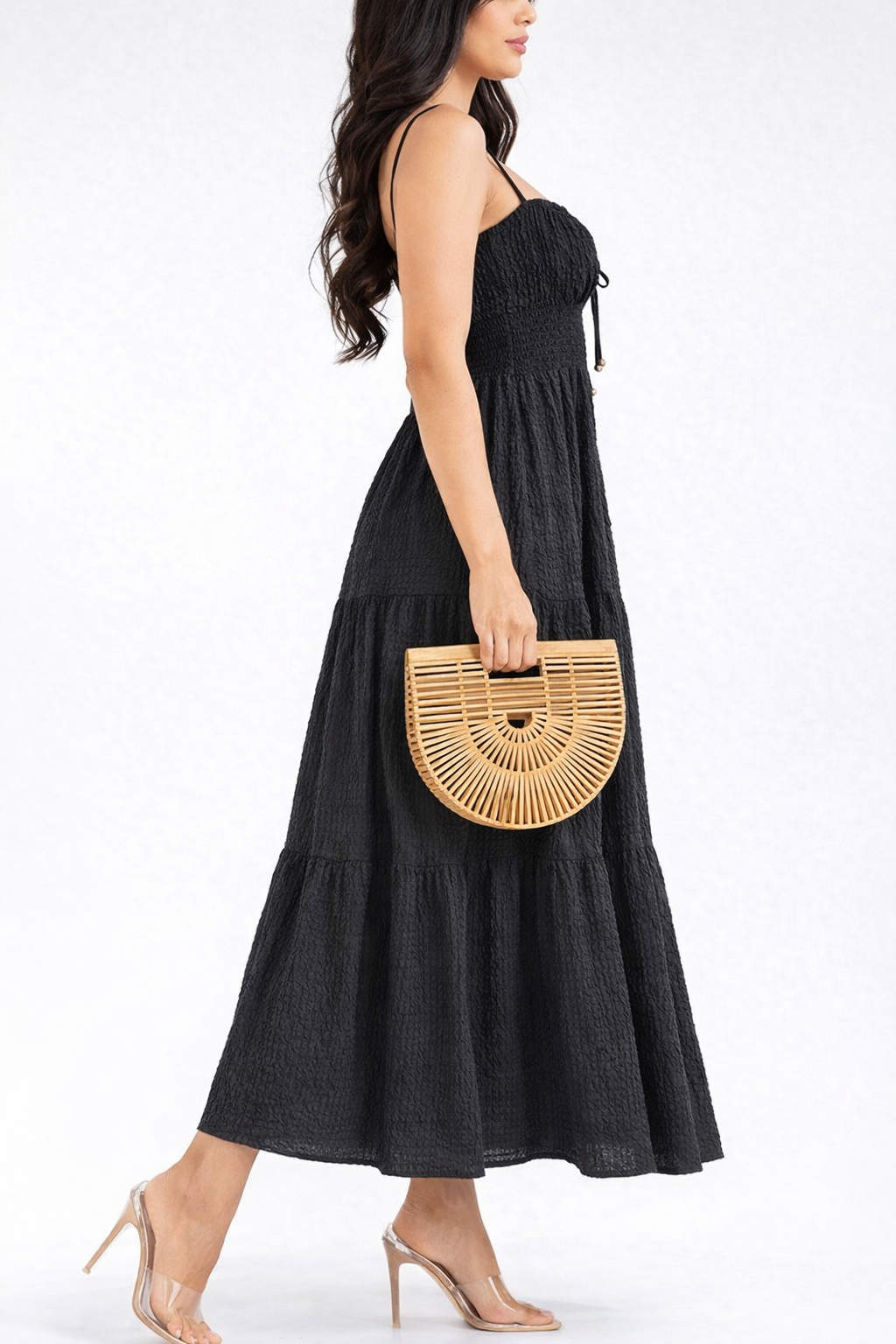 Black Front Tie Maxi Dress with Gold Accent