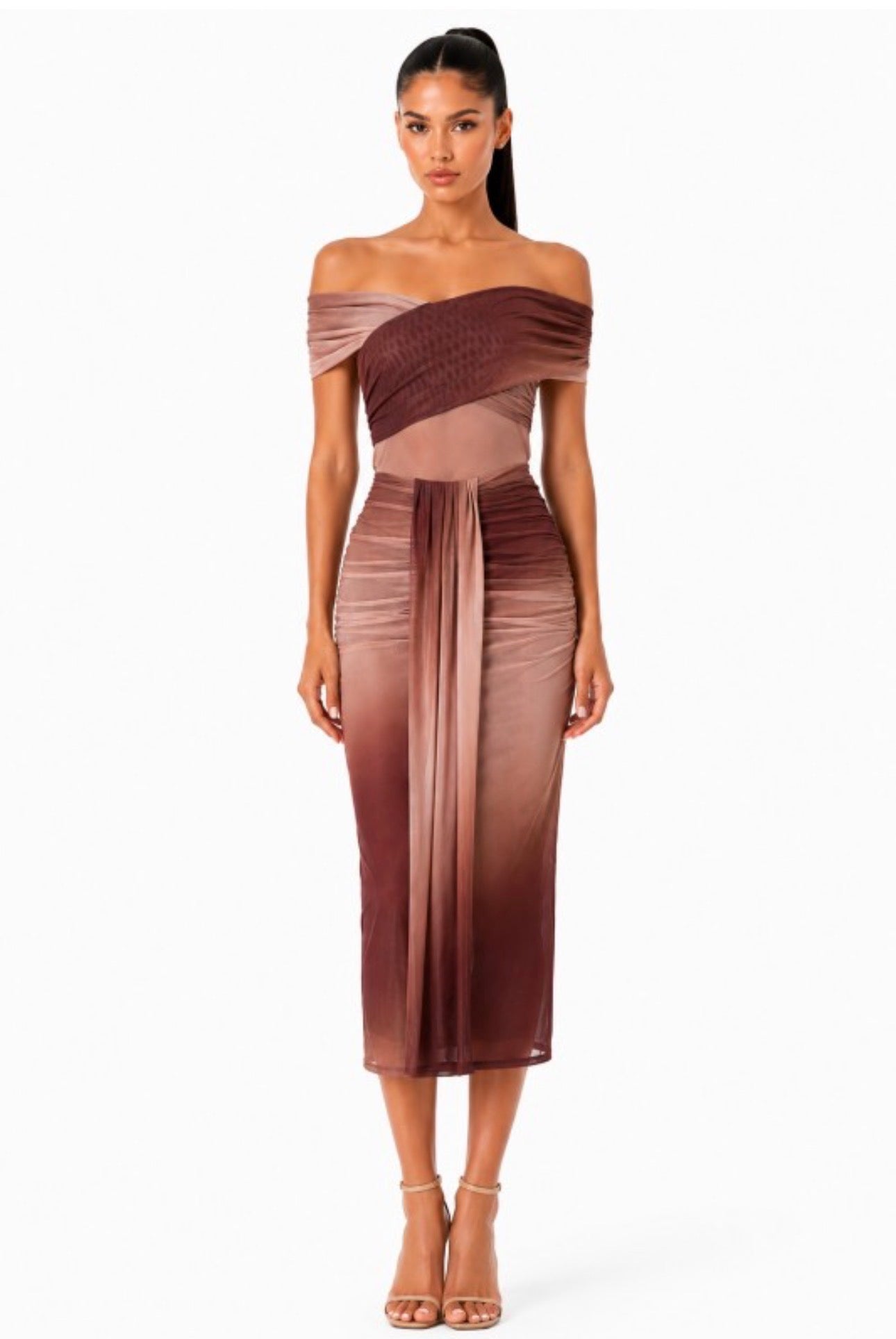Nude Drape Mesh Maxi Ruche Dress