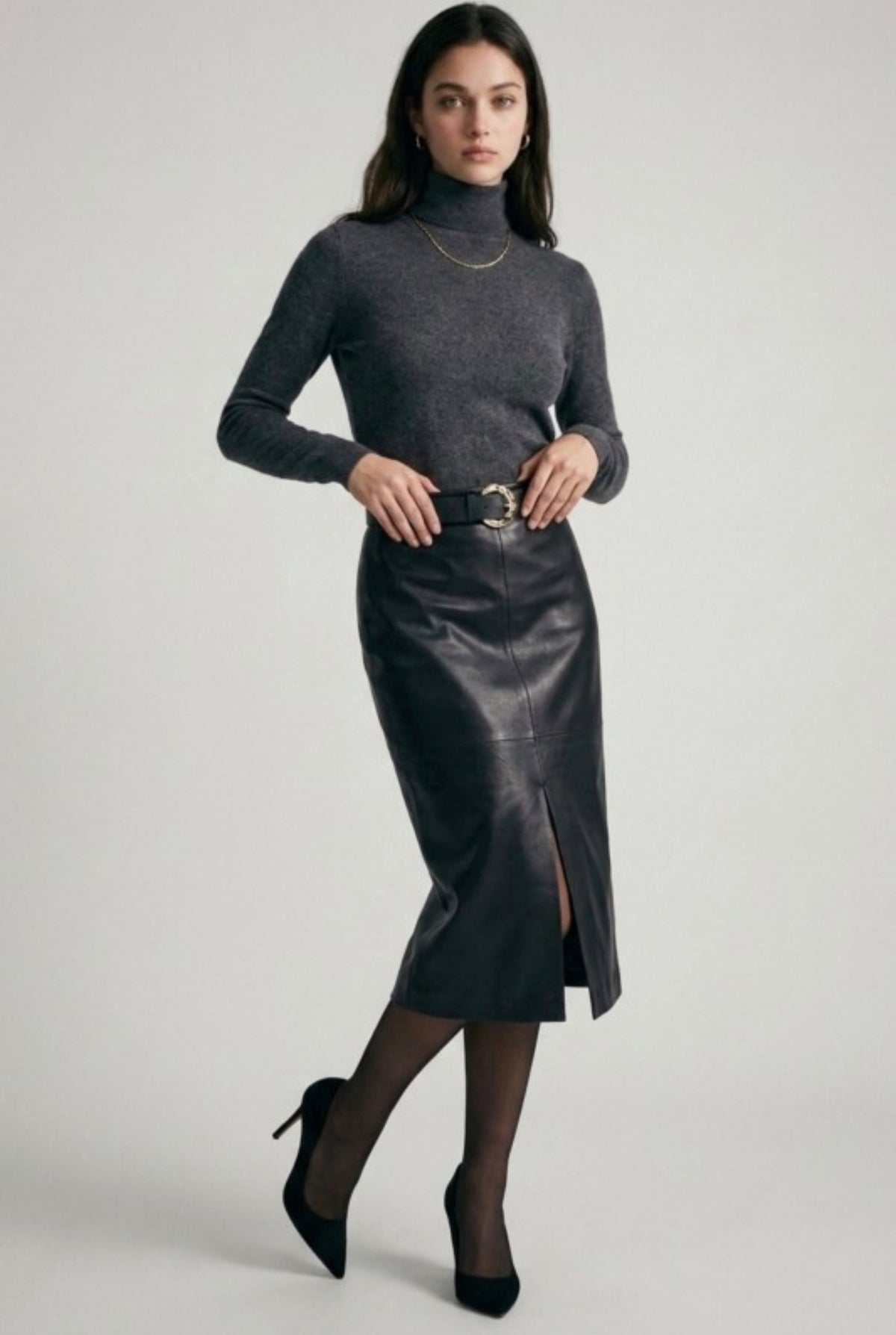 Belted Leather Midi Skirt with Front Slit