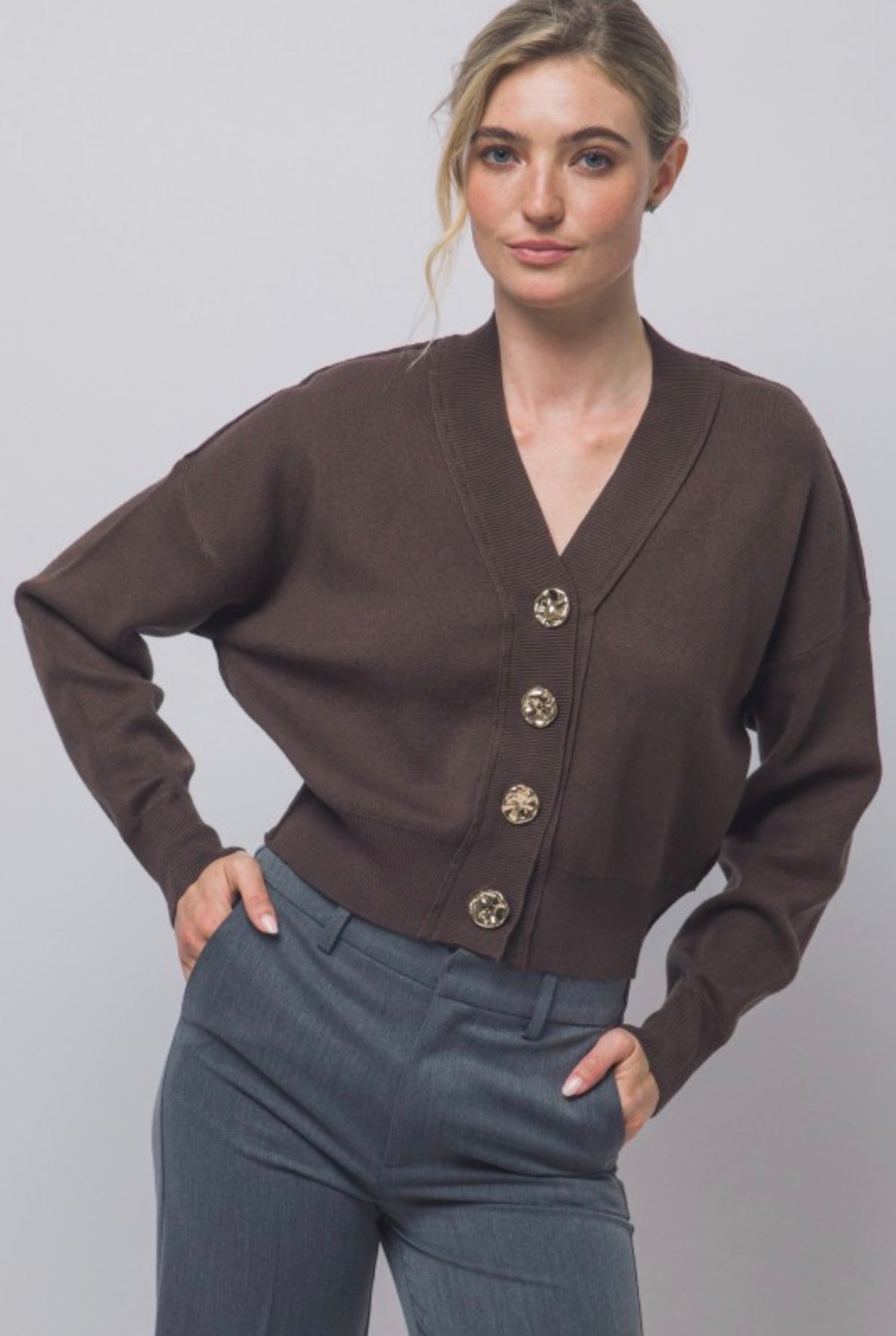 V Neck Cardigan with Gold Abstract Buttons