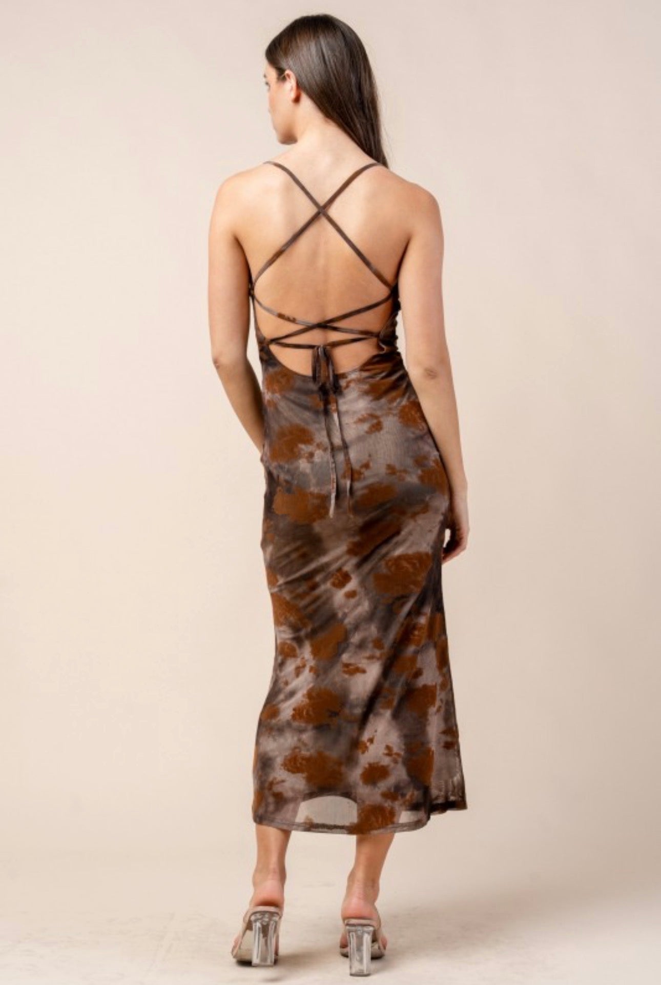 Autumn Abstract V Neck Lace-up Back Maxi Dress