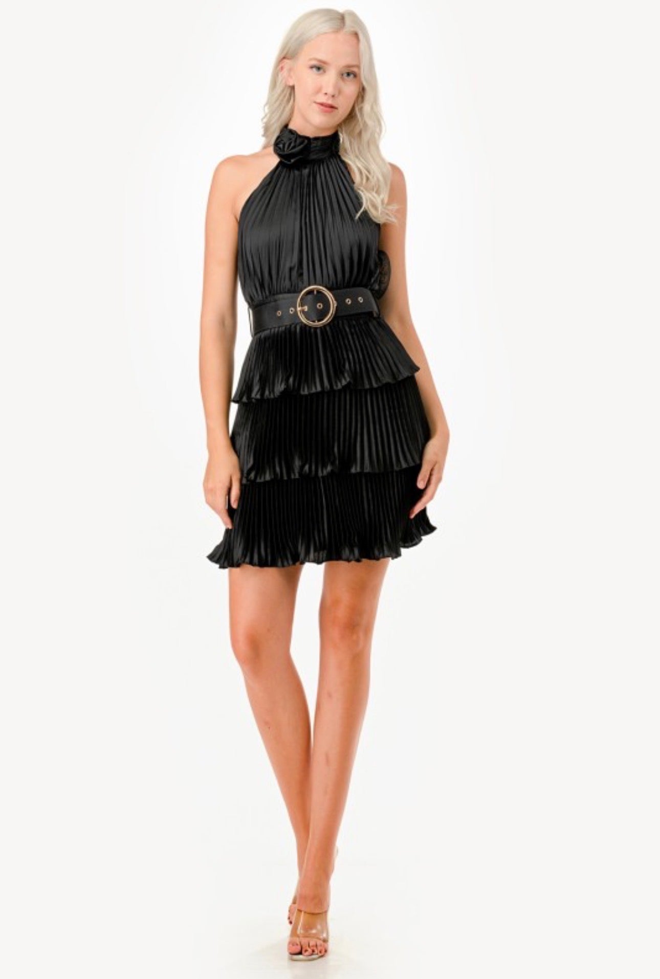 Belted Halter Rose Pleated Mini Dress