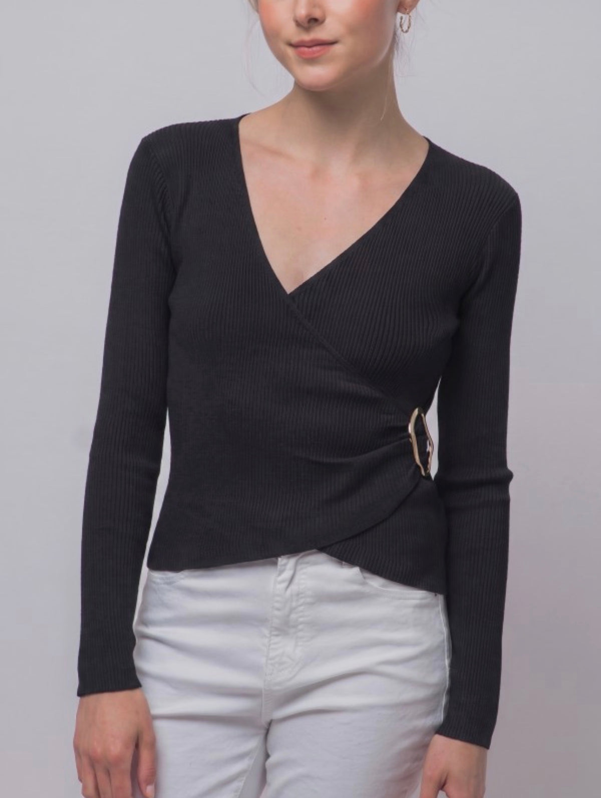 Rib Wrap V Neck Long Sleeve with Gold Accent