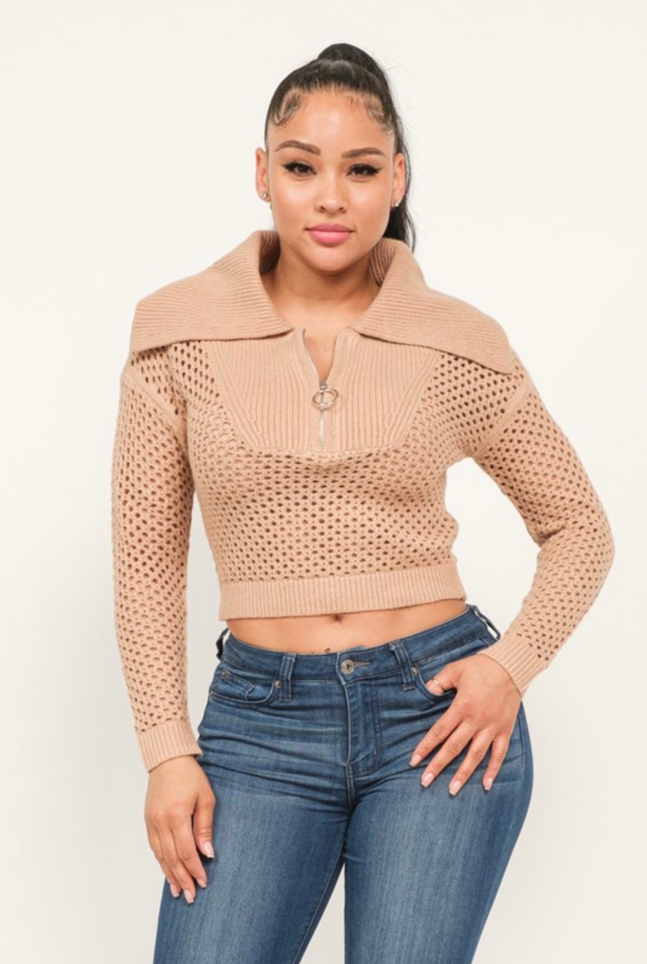 Quarter Zip Open Knit Crop Sweater