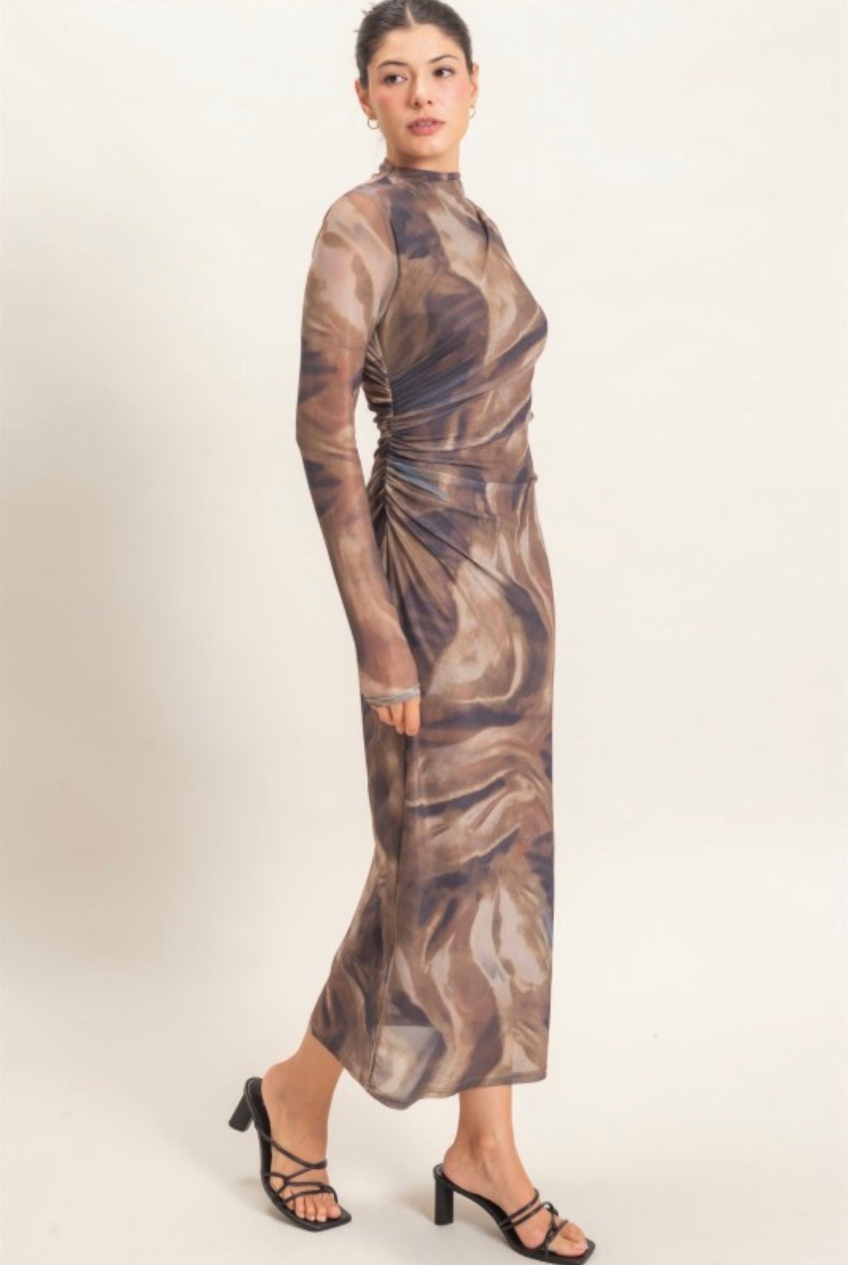 Abstract Brown Scrunch Side Long Sleeve Maxi Dress