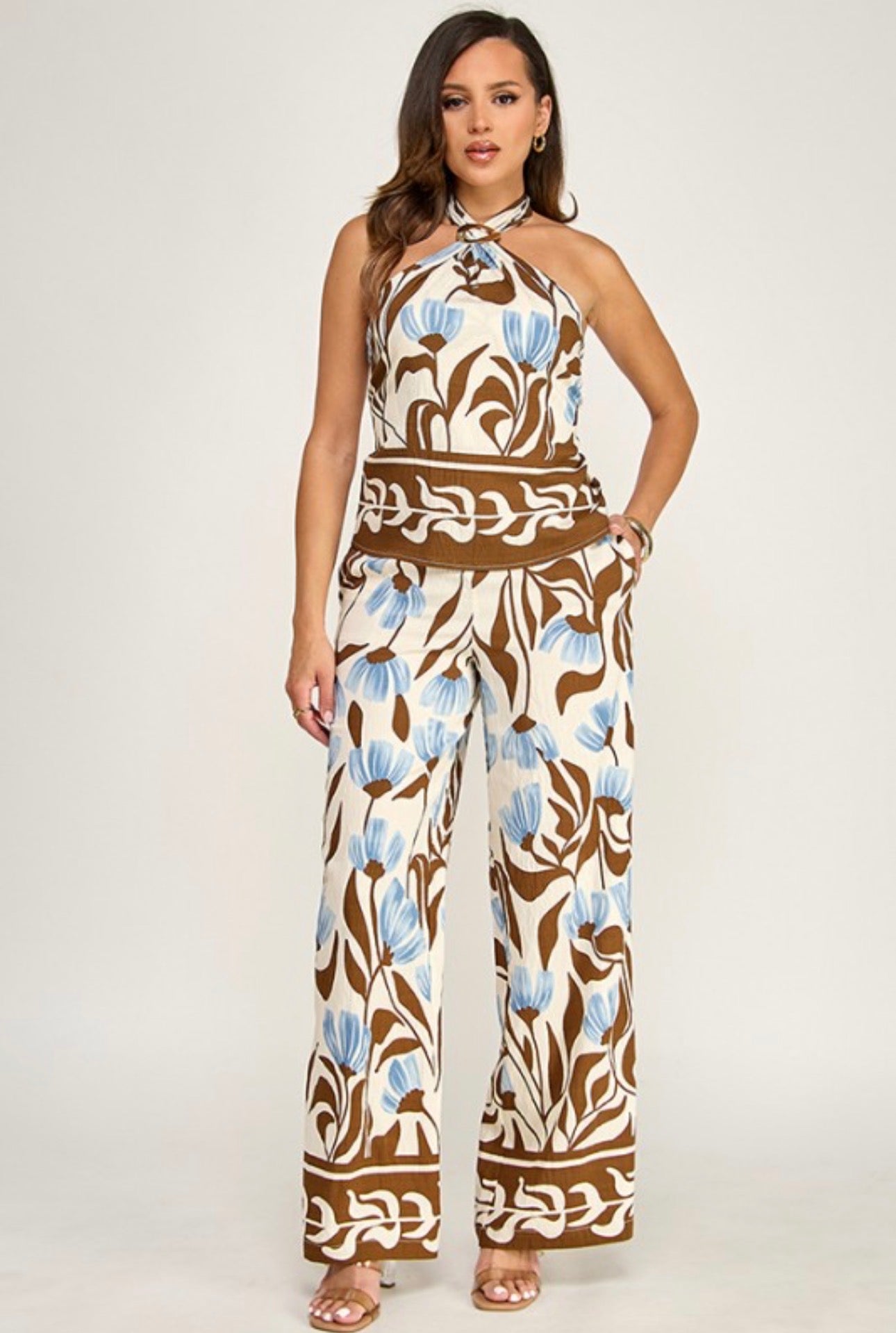 Summer Floral Tie Back Halter and Pants Set
