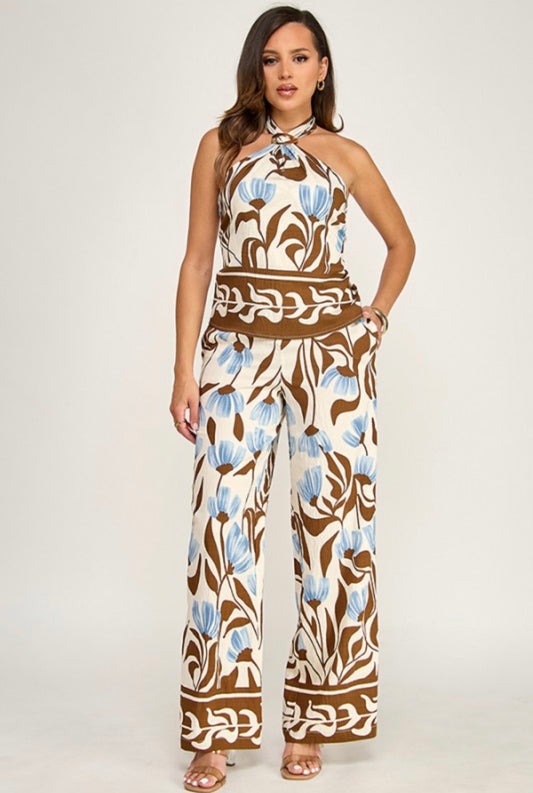 Summer Floral Tie Back Halter and Pants Set