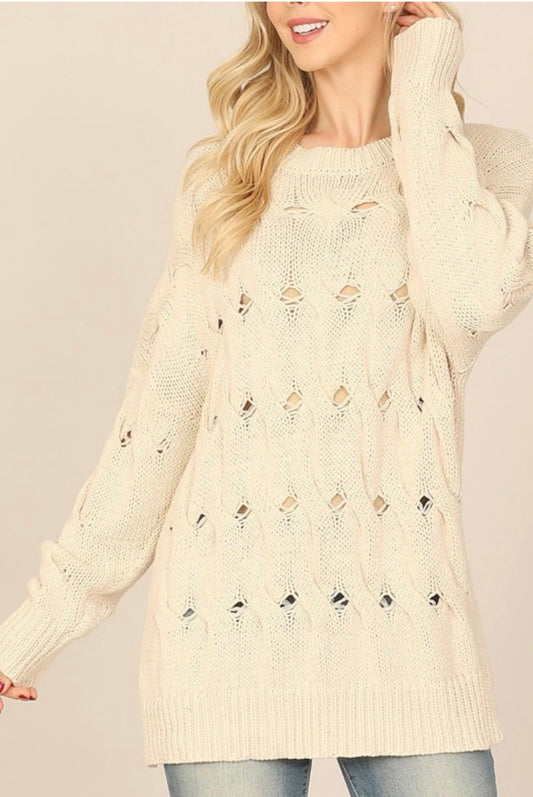 Distressed Ladder Open Cable Knit Sweater