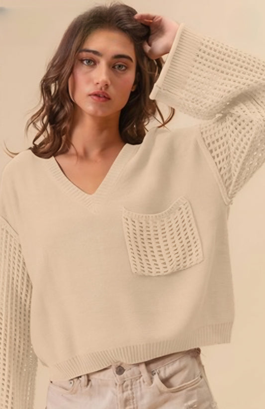 V Neck Sweater with Crochet Pocket and Sleeves