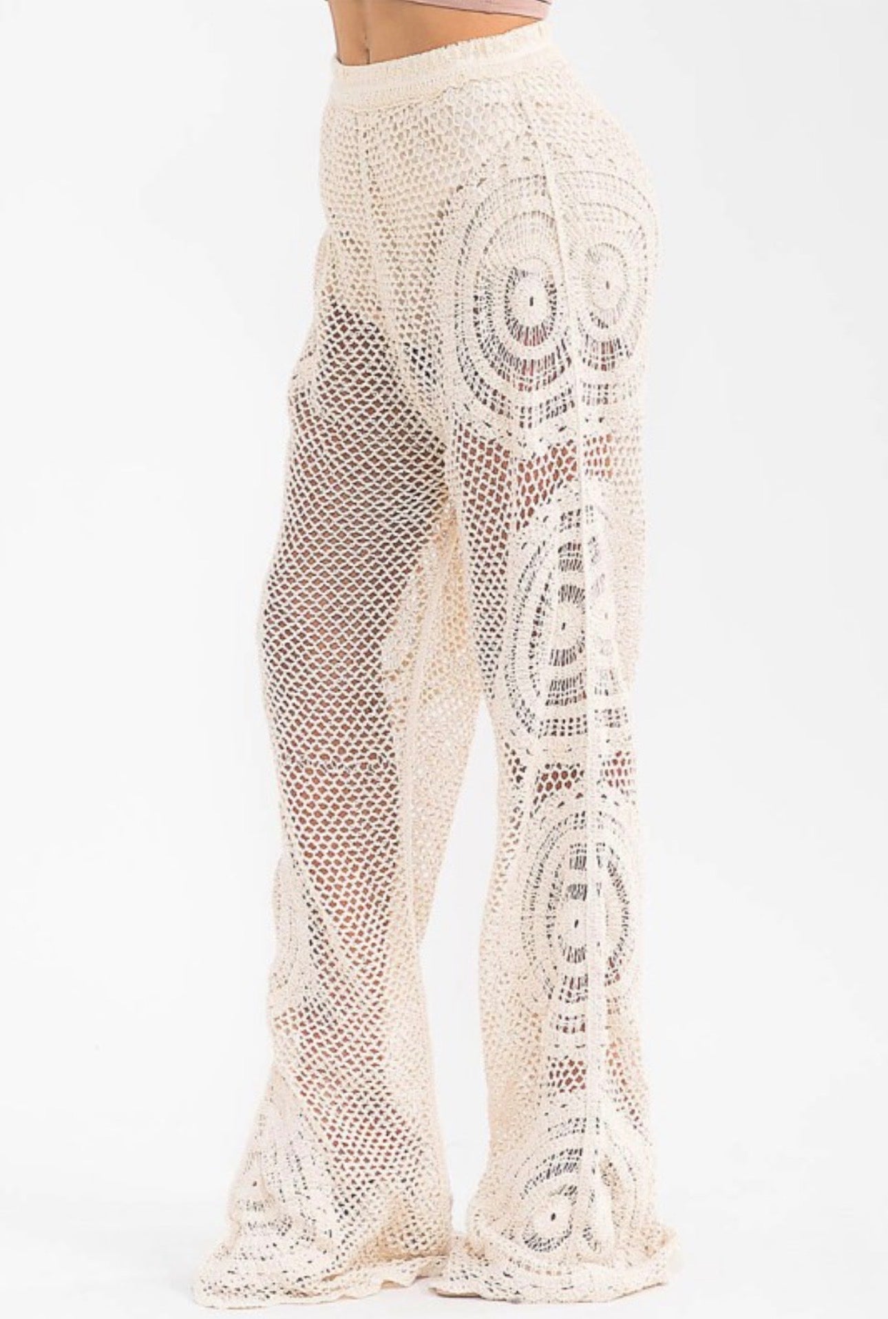 Beige Crochet Flare Trousers