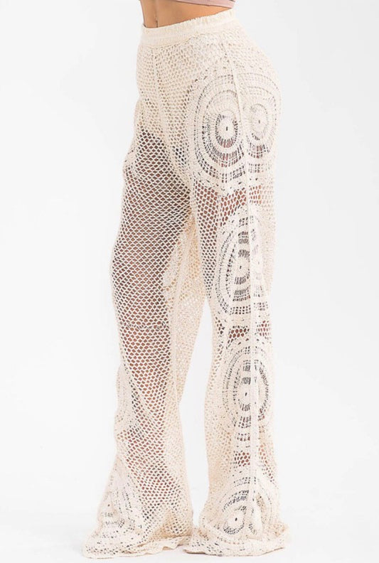 Beige Crochet Flare Trousers