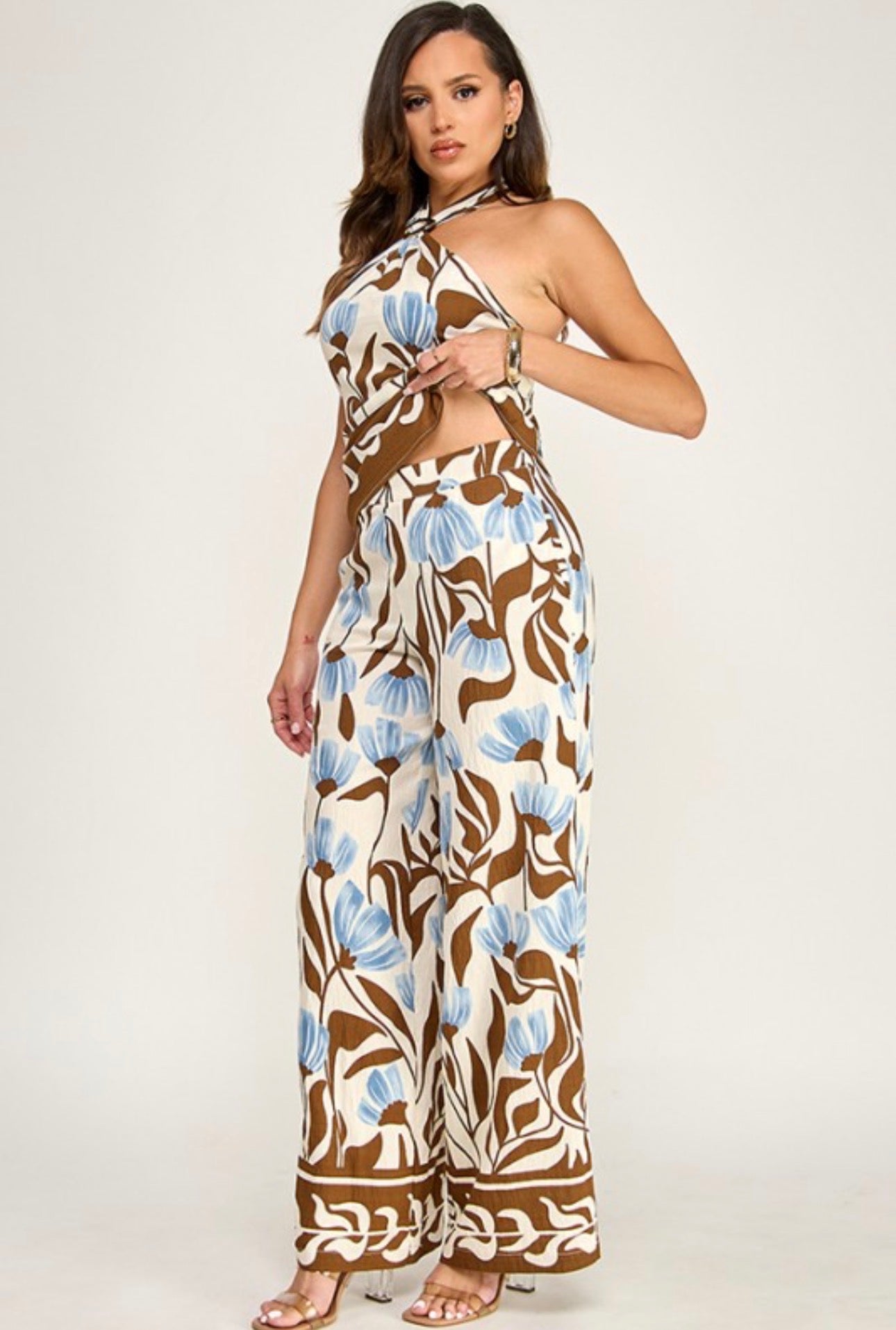 Summer Floral Tie Back Halter and Pants Set