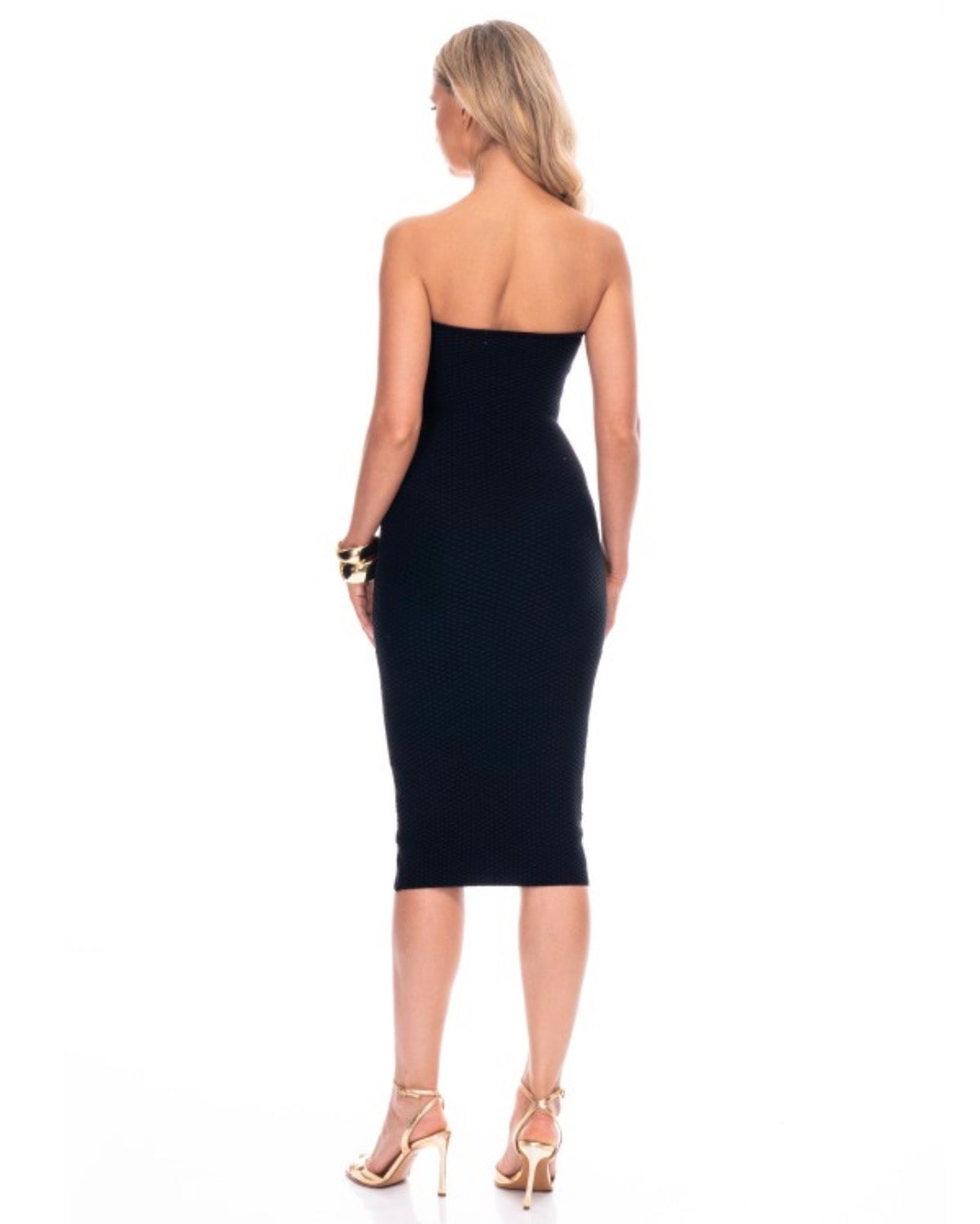 Pattern Strapless Gold Button Midi Dress