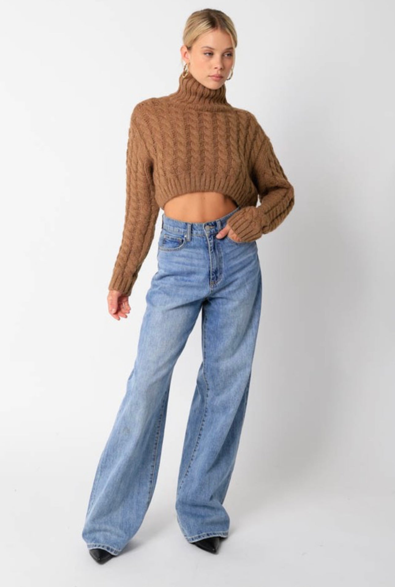 Ultra Crop Turtle Neck Heavy Cable Knit Sweater
