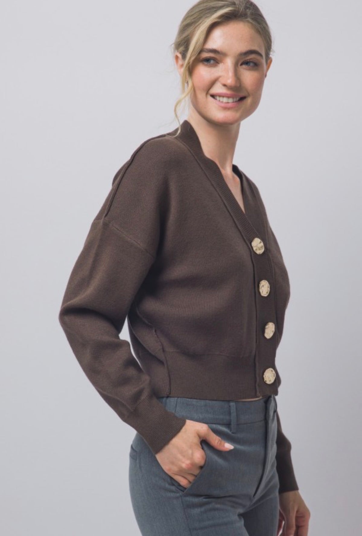 V Neck Cardigan with Gold Abstract Buttons
