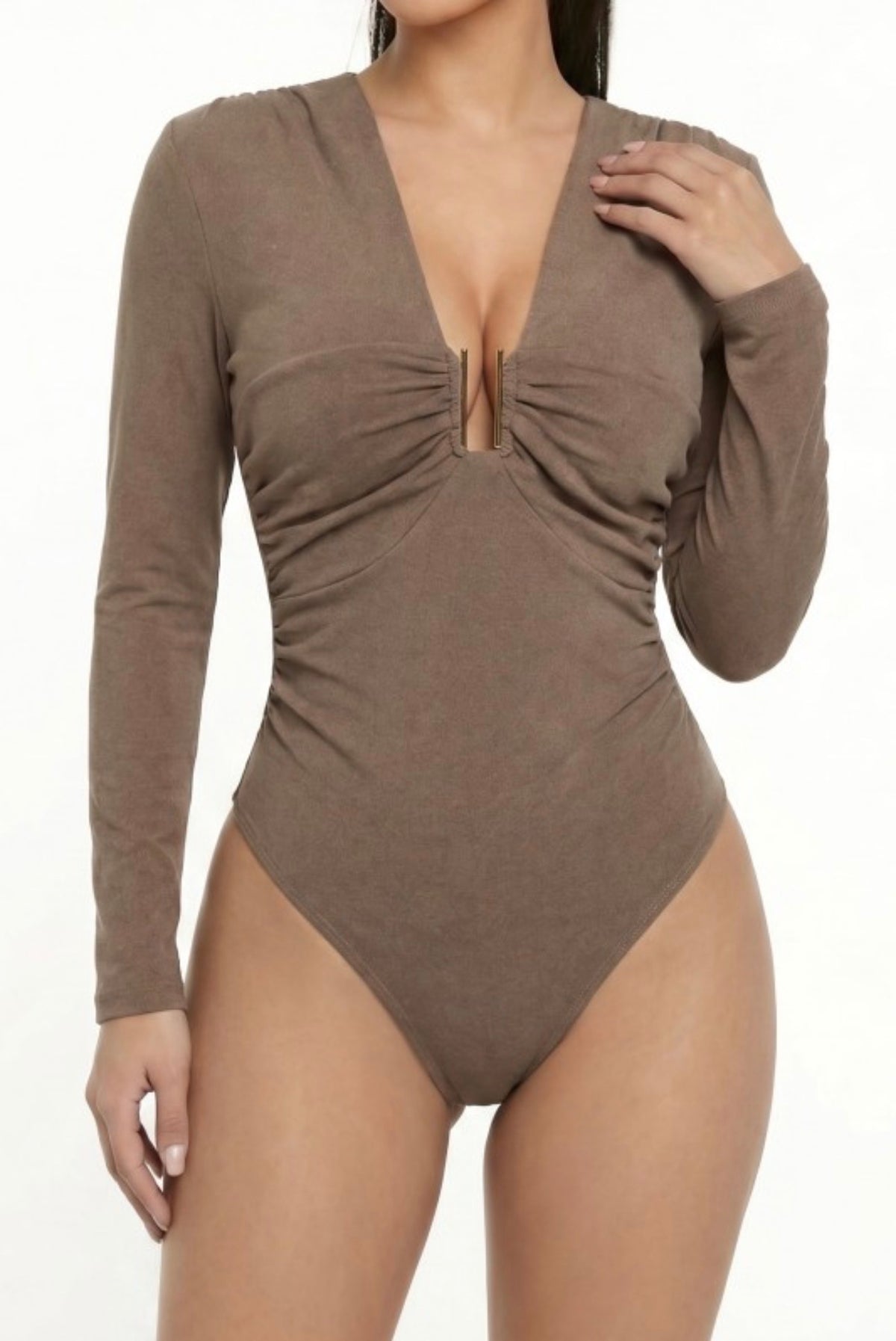 Long Sleeve Ruche Plunge Soft Bodysuit with Gold Accent