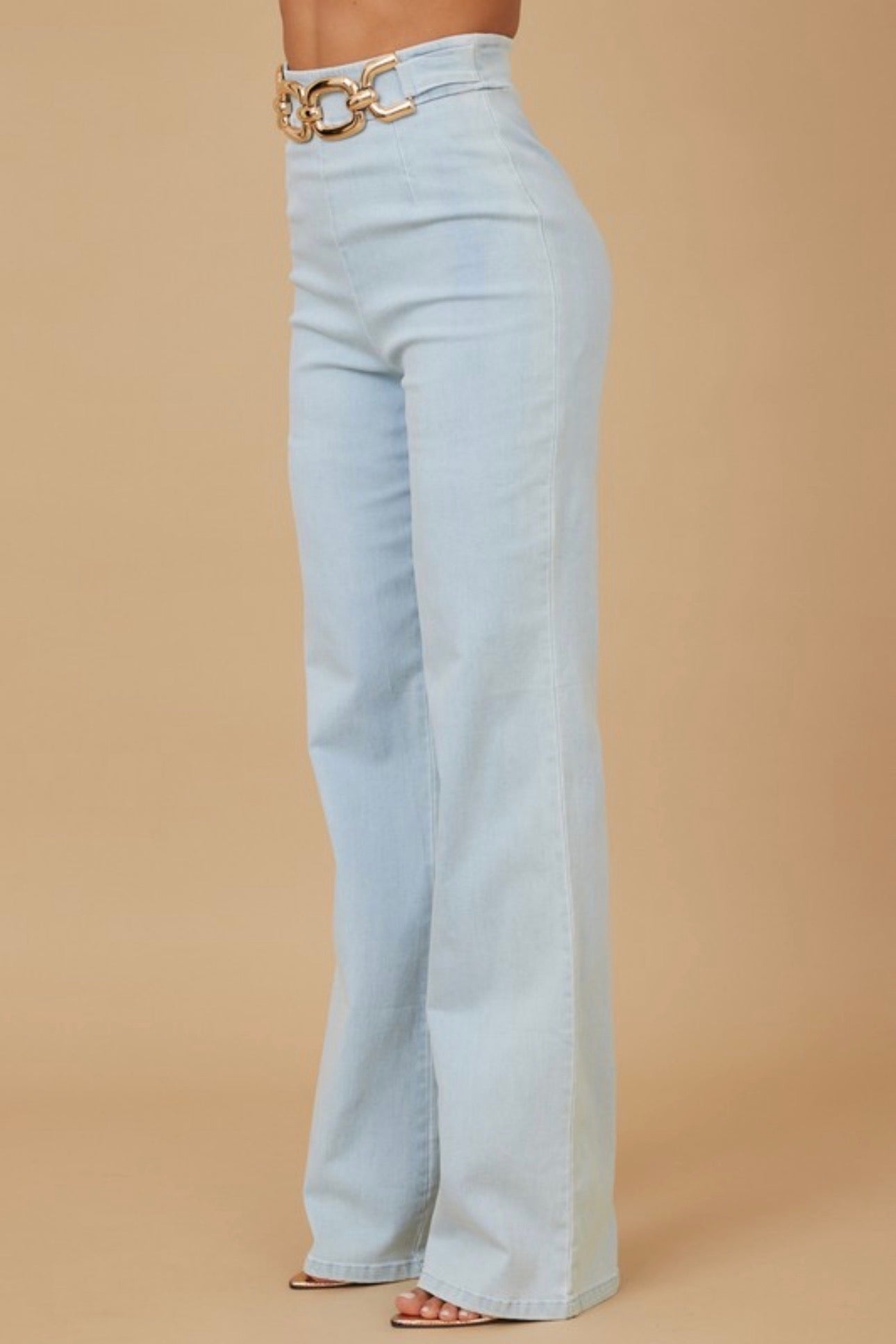 Denim Wide Leg Trousers with Gold Chain Belt