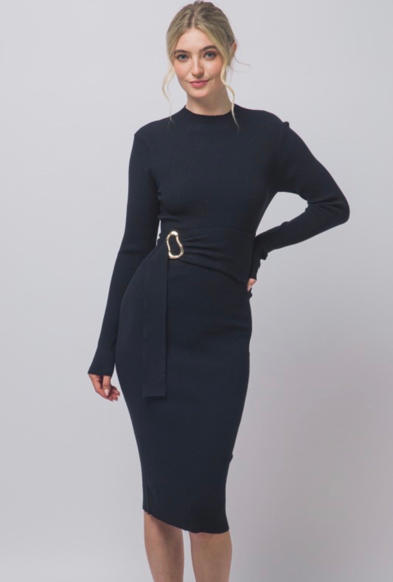 Mock Neck Long Sleeve Sweater Midi Dress with Tie Waist