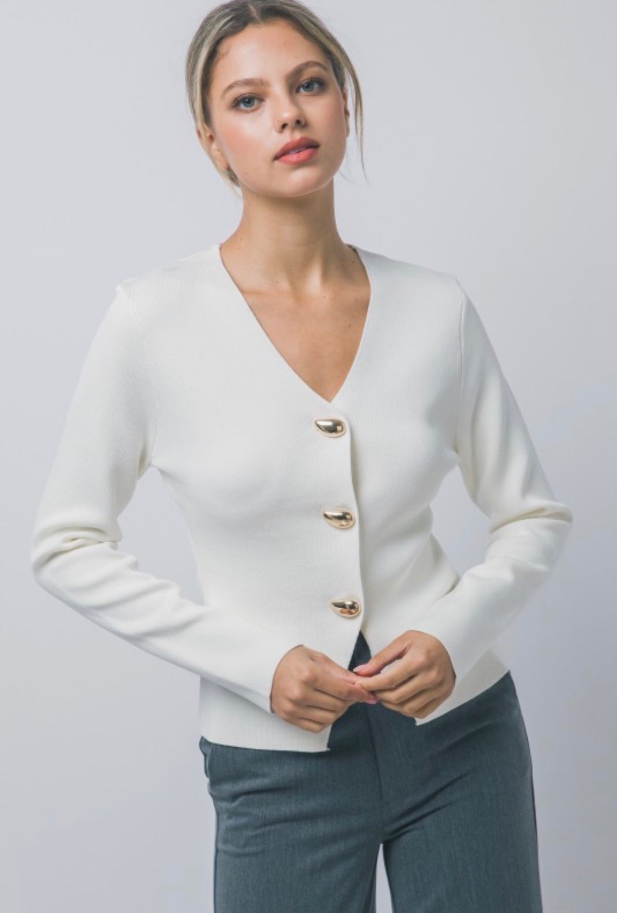 Split Front Ribbed Gold Button Front Cardigan
