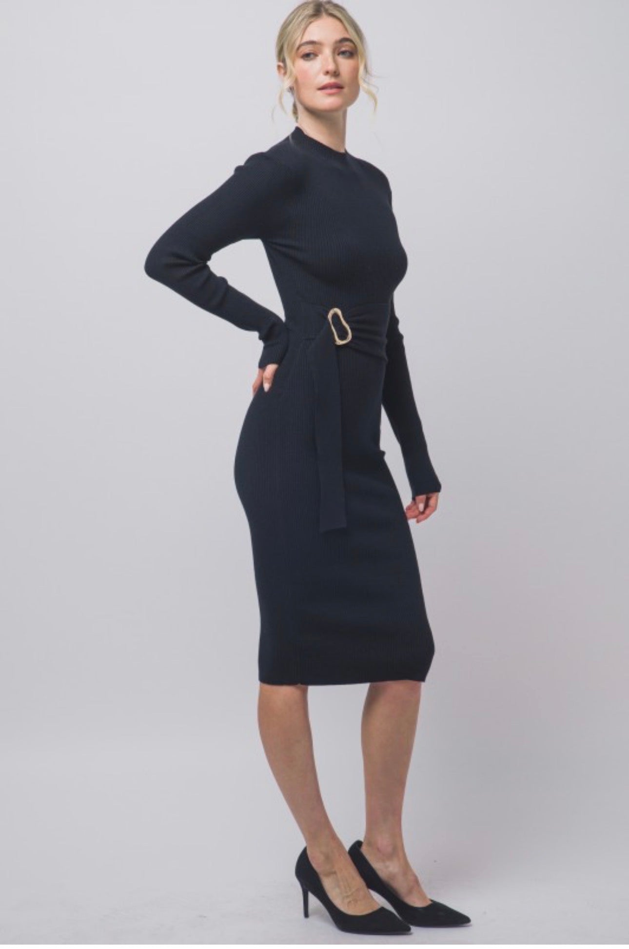 Mock Neck Long Sleeve Sweater Midi Dress with Tie Waist