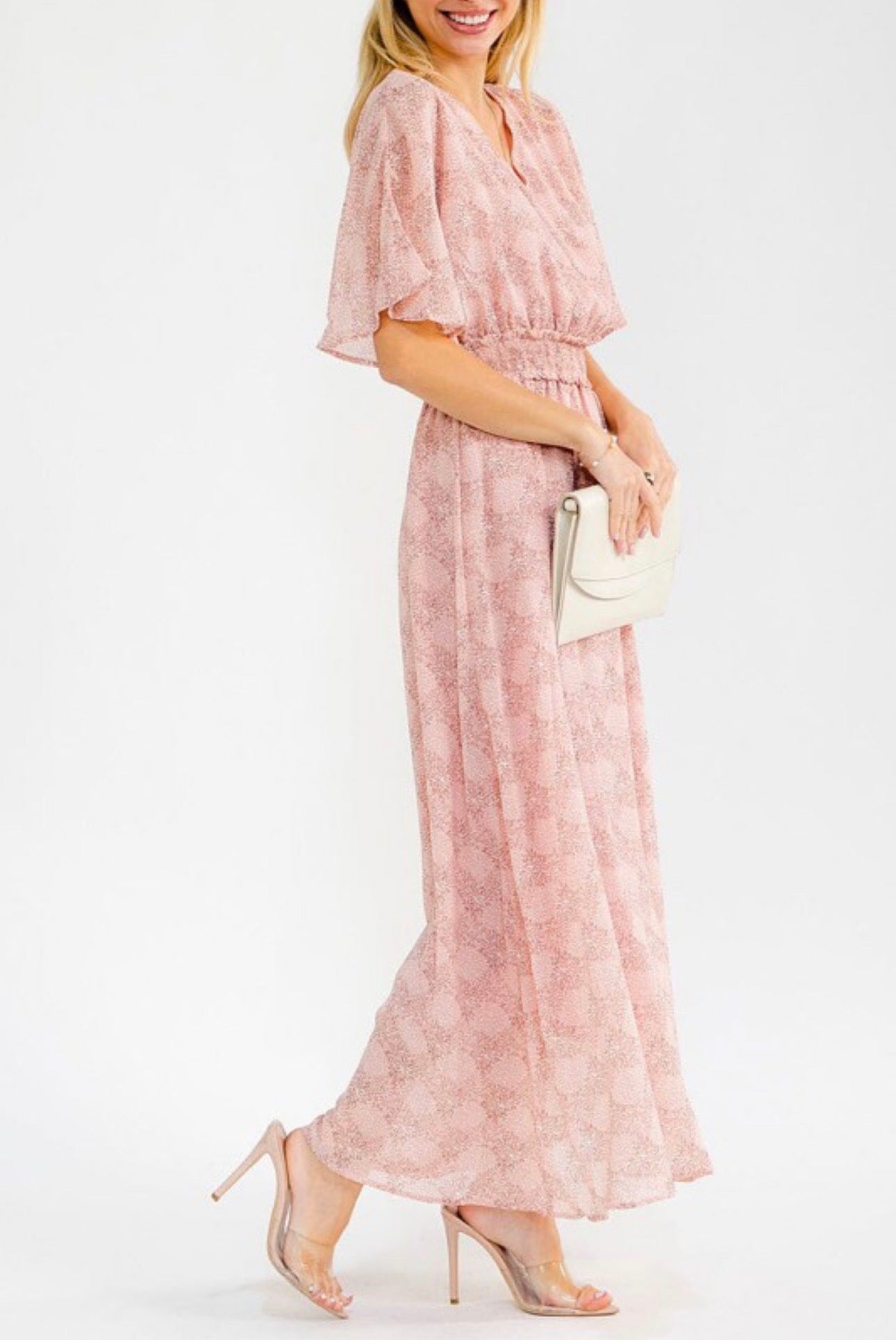 Floral Chiffon Cross Front Short Sleeve Maxi Dress