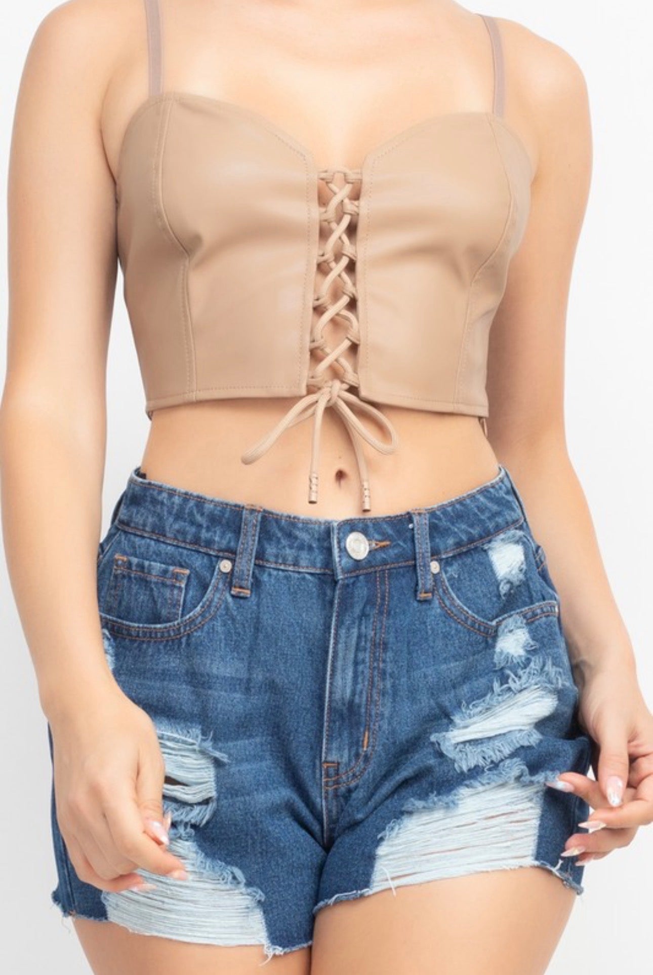 Leather Crop Front Lace Corset Top