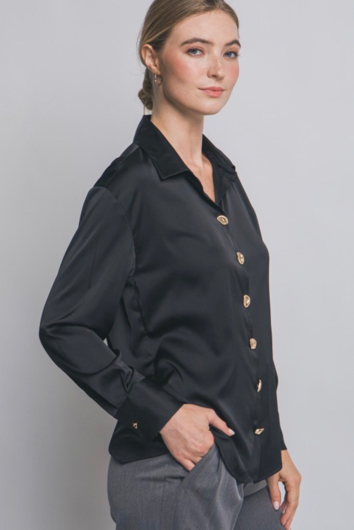 Satin Button Up Blouse with Gold Abstract Buttons