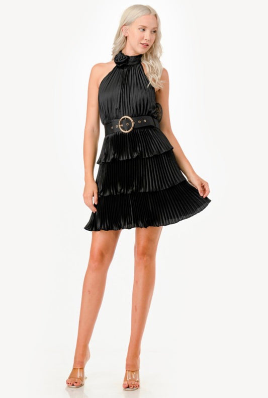 Belted Halter Rose Pleated Mini Dress
