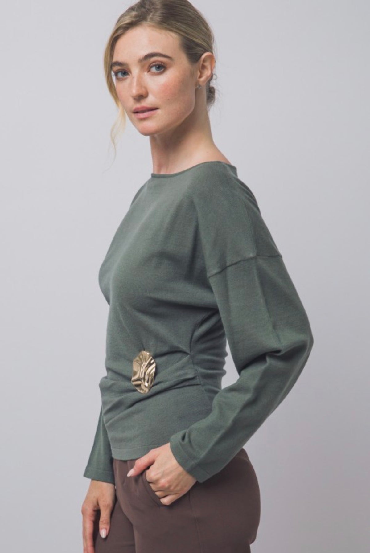 Boat Neck Long Sleeve Ruched with Gold Accent