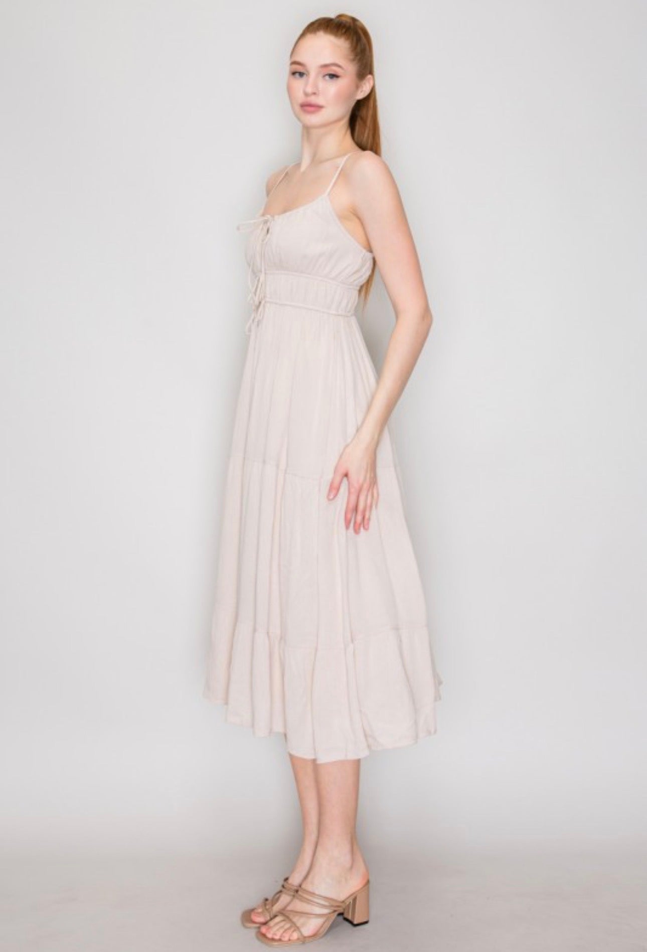 Beige Peasant Tie Smock Midi Dress